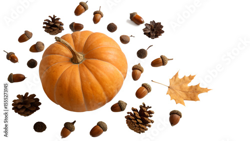 Autumn Composition with Pumpkin, Acorns, Pinecones and Maple Leaf Isolated on Black Background