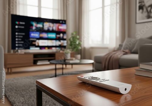 A minimalist white TV remote control rests on a wooden coffee table in a modern living room, with a large smart TV displaying a streaming interface in the background. This image conveys convenience an