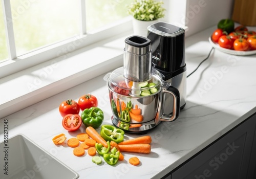 A modern food processor on a clean kitchen counter, filled with fresh, colorful vegetables like tomatoes, carrots, and bell peppers, ready for chopping. It signifies healthy meal preparation and effic