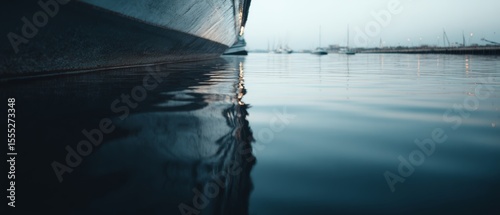 The tranquil harbor scene captures a reflection of a ship's keel in calm waters, evoking a sense of peace and serenity at dawn.