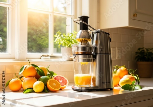 A modern electric juicer on a kitchen counter, surrounded by a colorful array of fresh citrus fruits like oranges, lemons, and grapefruits, with bright sunlight streaming in. It represents healthy liv
