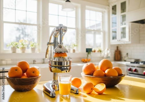 A bright kitchen scene with a manual citrus juicer on a sunny yellow countertop, surrounded by fresh oranges and a glass of juice. It evokes a feeling of freshness, health, and a homemade breakfast.