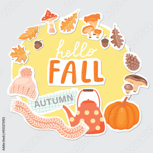 Autumn collage elements set with mushrooms, leaves, teapot, warm hat and scarf, pine cone, acorn, pumpkin. Hello fall poster with cartoon objects and paper cut shapes. Vector design for banner.