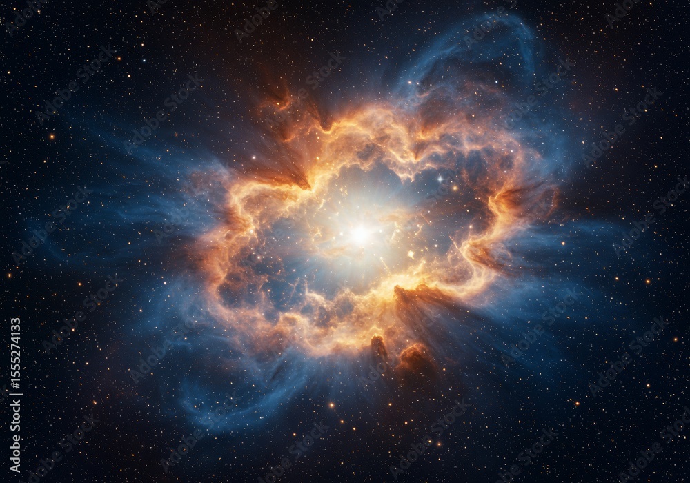 Fototapeta premium A dramatic cosmic nebula, resembling a bursting star, with vibrant orange and blue gas radiating from a brilliant central light in deep space.