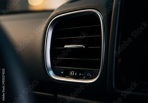 Close-up of a modern car's air vent with sleek horizontal slats and chrome trim, highlighting interior design and air conditioning.