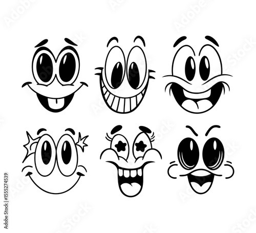 Set of vintage cartoon facial expressions icons: joy, surprise, smile and more. Classic retro character style.