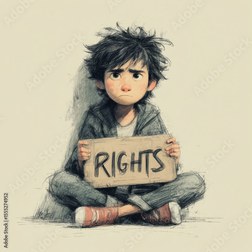 Young boy holding rights sign and sitting on the floor indoors  