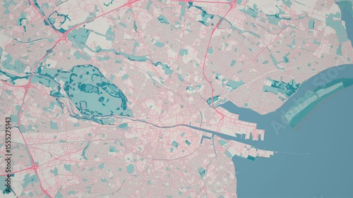 Zoom in on the map of Dublin City, the Capital of the Republic of Ireland, with text. Cinematic digital abstract 3d world map animation highlights aerial views, tourism, and travel. 4k