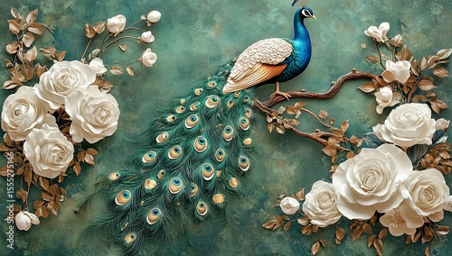 Peacock amidst white roses on teal backdrop.  Detailed floral and feathered design