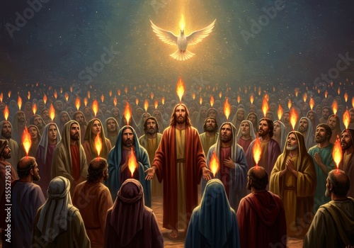 A depiction of Pentecost with Jesus and disciples receiving the Holy Spirit as tongues of fire, symbolizing divine inspiration and the birth of the Church.