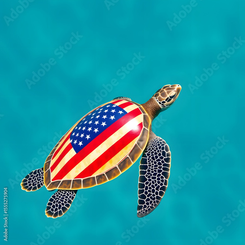 American turtle swimming, patriotic sea life, stars and stripes shell. A unique blend of wildlife and national pride.