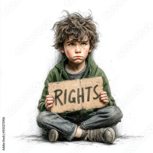 Young boy sitting cross-legged with rights sign for Human Rights Day  