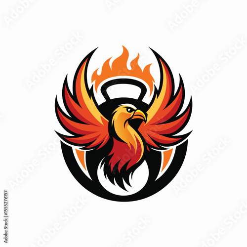 Phoenix bird rising from kettlebell flames fitness gym strength power fire sports logo design vector