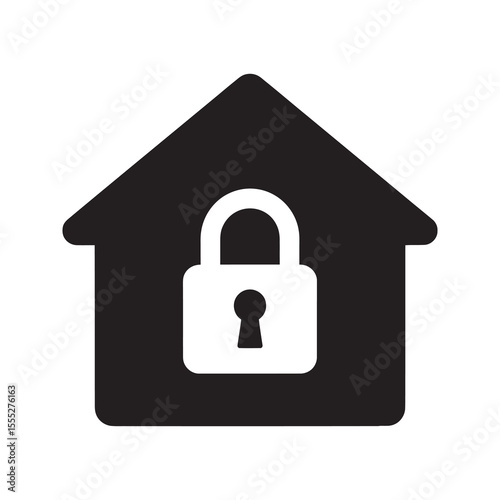Home security icon with a house and padlock symbol representing a locked property for real estate safety and private residence protection vector solid glyph icon