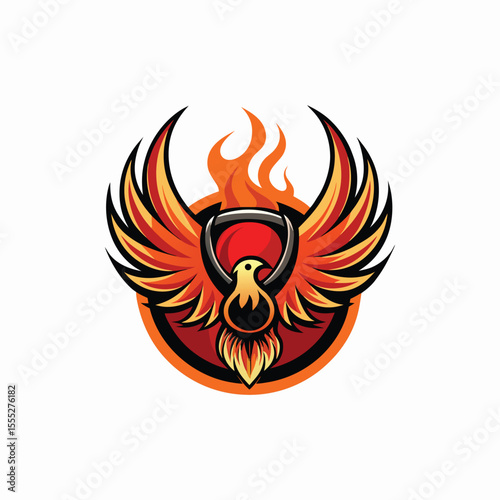 Phoenix bird rising from kettlebell flames fitness gym strength power fire sports logo design vector