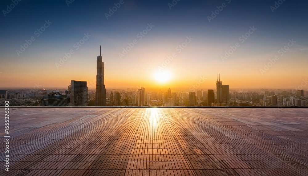 Obraz premium photo taken of the floor with the skyline at sunrise in the background