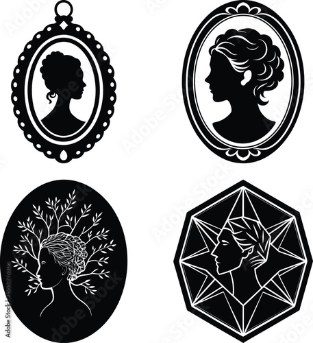 A black and white vector illustration of a classic Victorian-style cameo silhouette , Vector silhouette set of cameo man and woman on white background