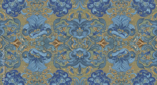 Intricate blue floral damask textile design antique baroque style textured grunge background