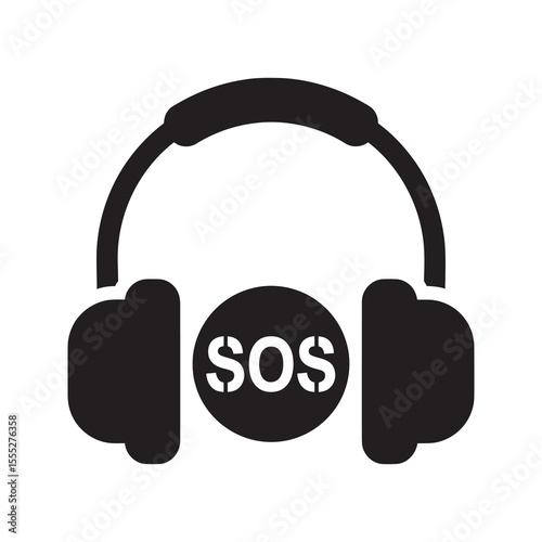 SOS emergency support icon with headphones representing a call center operator for customer service and urgent assistance communication help vector solid glyph icon