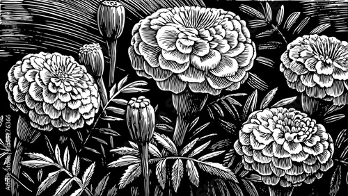 Marigold flower with ruffled petals and a full circular bloom, a black and white sketch vector hand drawn
