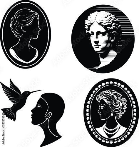 A black and white vector illustration of a classic Victorian-style cameo silhouette , Vector silhouette set of cameo man and woman on white background