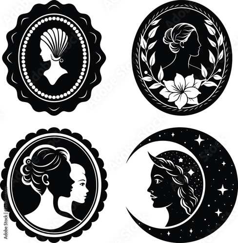 A black and white vector illustration of a classic Victorian-style cameo silhouette , Vector silhouette set of cameo man and woman on white background