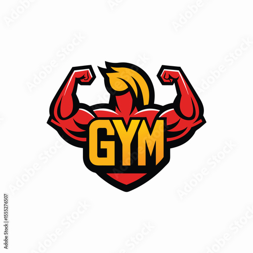 Monogram GYM logo with flexed biceps muscle strong fitness gym emblem vector design illustration