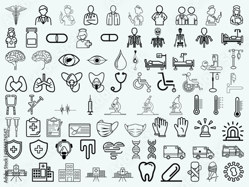 Essential Healthcare Icons Collection, Medical, Hospital, and Emergency Outline Symbols, Doctors, Equipment, Hospital Elements in Vector Style, Silhouette Medical Icons Bundle