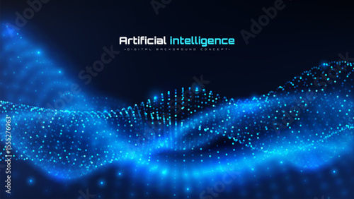 Blue glow particle wave motion on dark background. Futuristic digital big data technology scene of deep learning artificial intelligence of brain wave design concepts. Vector illustration.