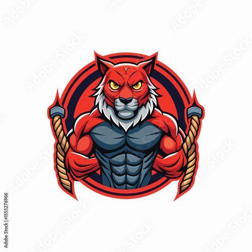 Red-eyed muscular tiger gripping gym ropes fierce fitness strength animal power sports logo design