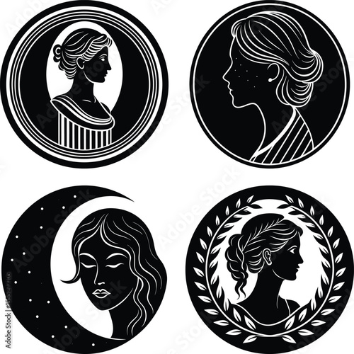 A black and white vector illustration of a classic Victorian-style cameo silhouette , Vector silhouette set of cameo man and woman on white background