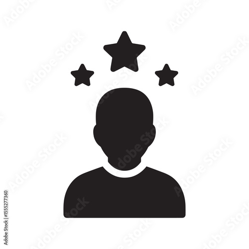 User skill rating icon with a person avatar and stars representing customer feedback review and evaluation of employee performance quality vector solid glyph icon