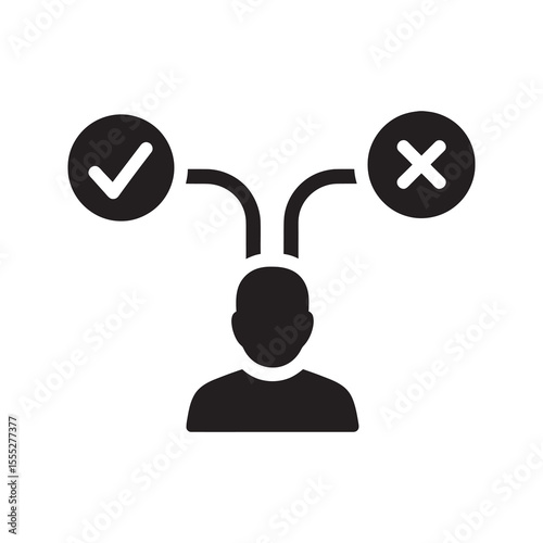 Decision making process icon with a person choosing between yes and no options representing a strategic choice and problem solving solution vector solid glyph icon