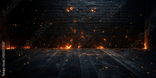 Interior scene with black brick wall and dark wood floor illuminated by fire sparks