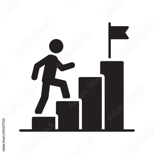 Career progress and goal achievement icon with a person climbing stairs towards a flag representing ambition success and reaching a target vector solid glyph icon