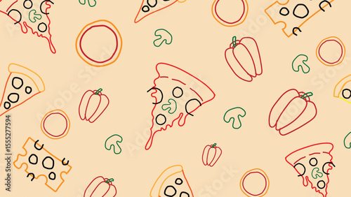 Colorful pizza ingredient doodles background