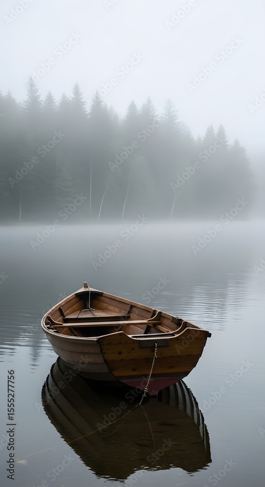 Obraz premium Serene Escape: Boat on Misty Lake, Reflective Calmness