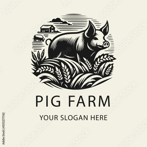 Black and white flat vector logo of a pig standing in a field. Ideal for pig farms or meat production branding. Clean outline, classic farming style, perfect for rustic labels.