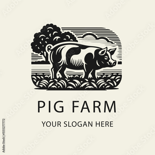 Black and white flat vector logo of a pig standing in a field. Ideal for pig farms or meat production branding. Clean outline, classic farming style, perfect for rustic labels.