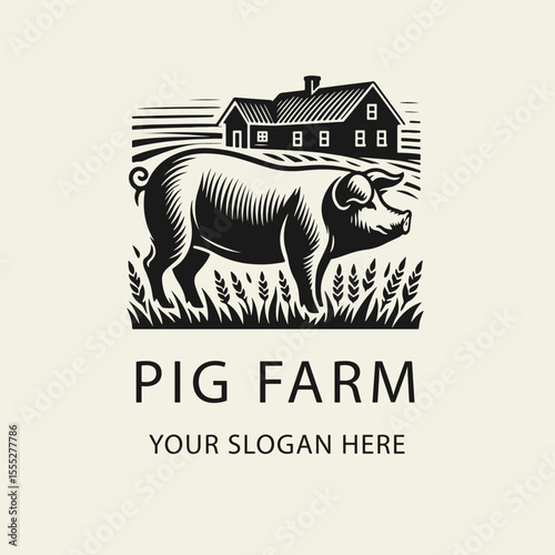 Black and white flat vector logo of a pig standing in a field. Ideal for pig farms or meat production branding. Clean outline, classic farming style, perfect for rustic labels.