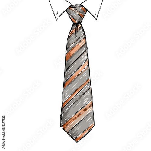 Stylish striped tie with orange and grey patterns on white shirt  
