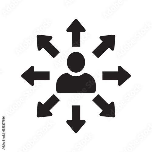Business distribution and delegation icon with a central person and multiple arrows representing multitasking management and skill sharing vector solid glyph icon