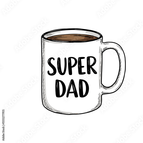 Super Dad mug with coffee on white background  