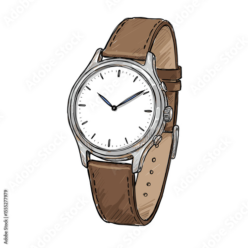 Classic silver watch with brown leather strap and white face  