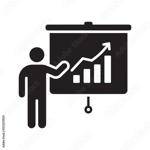 Business presentation icon with a person showing a growth chart for a financial report and data analytics on a projection screen vector solid glyph icon