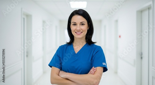 Free Download Confident Nurse in Blue Scrubs with Folded Arms in Bright Hospital Hallway (1) - GFXLoad