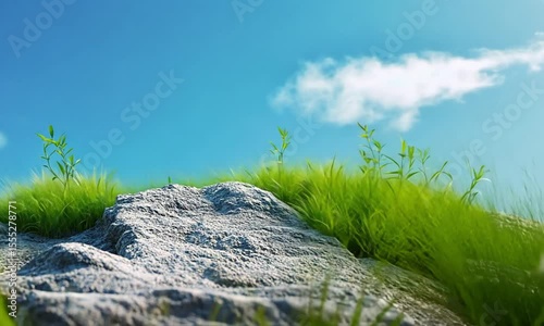 Rocky outcrop with vibrant green grass under a clear blue sky
