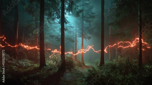 Mysterious glowing red energy floating through misty forest at night, surreal fantasy atmosphere.