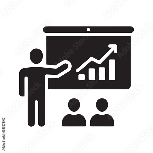 Business growth presentation icon with a speaker showing a financial report chart for a data analytics seminar on a projection screen vector solid glyph icon
