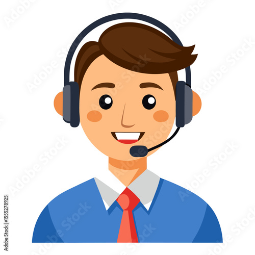 Young man call center employee smiling and assisting customers with headset on white backdrop